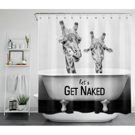 HVEST Get Naked Shower Curtains for Bathroom, Funny Wild Animal Giraffe in Bathtub Black and White Bathroom Curtain, Farmhouse Fabric Bath Curtain Polyester Waterproof with Hooks, 70x69 Inches