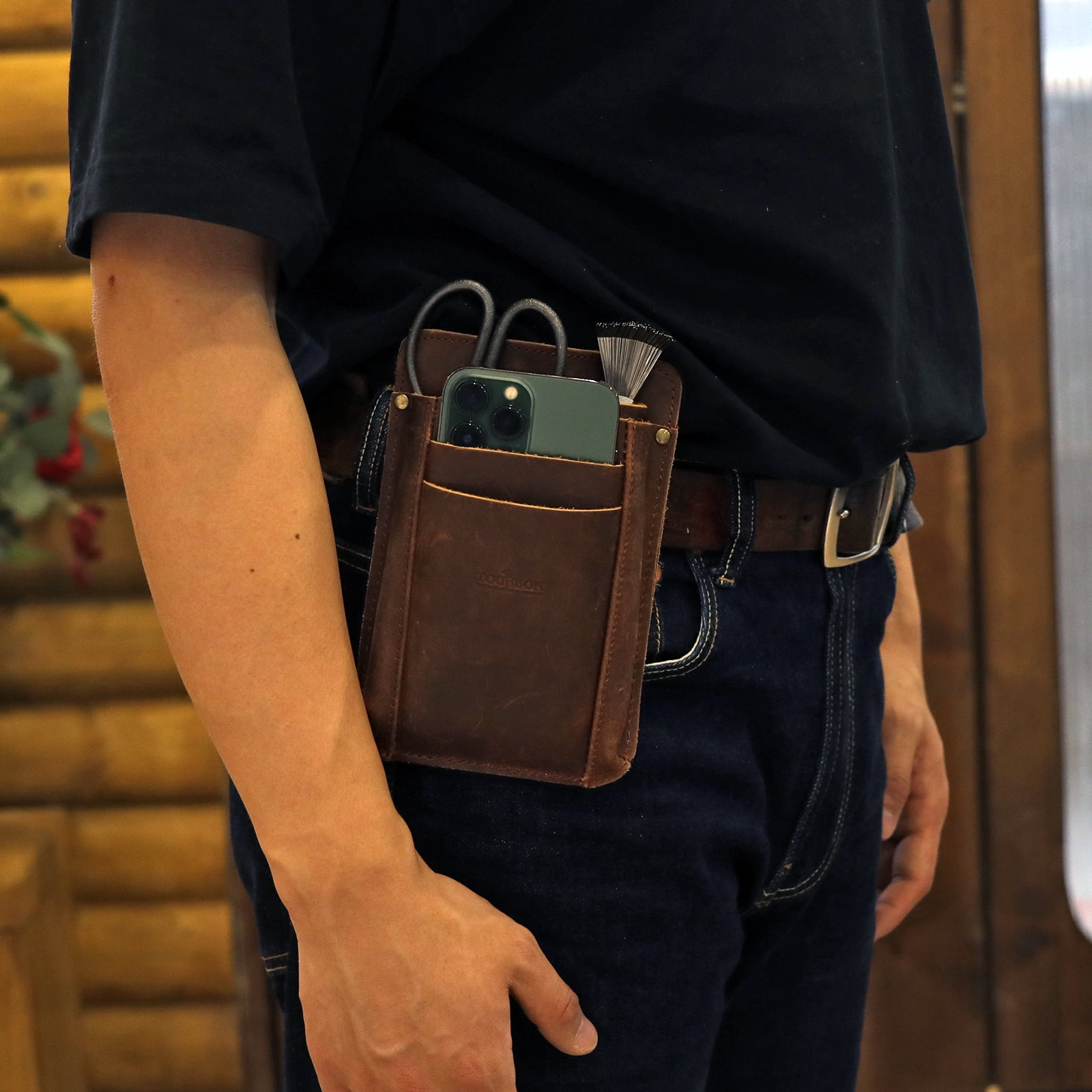 TOURBON Leather Garden Tool Belt Pouch Tool Waist Bag Cell Phone Pocket with Shoulder Strap Brown