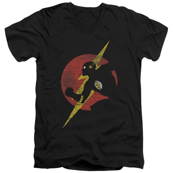 JLA Justice League Flash Symbol Knockout S/S Adult V-Neck 30/1 T-Shirt Black