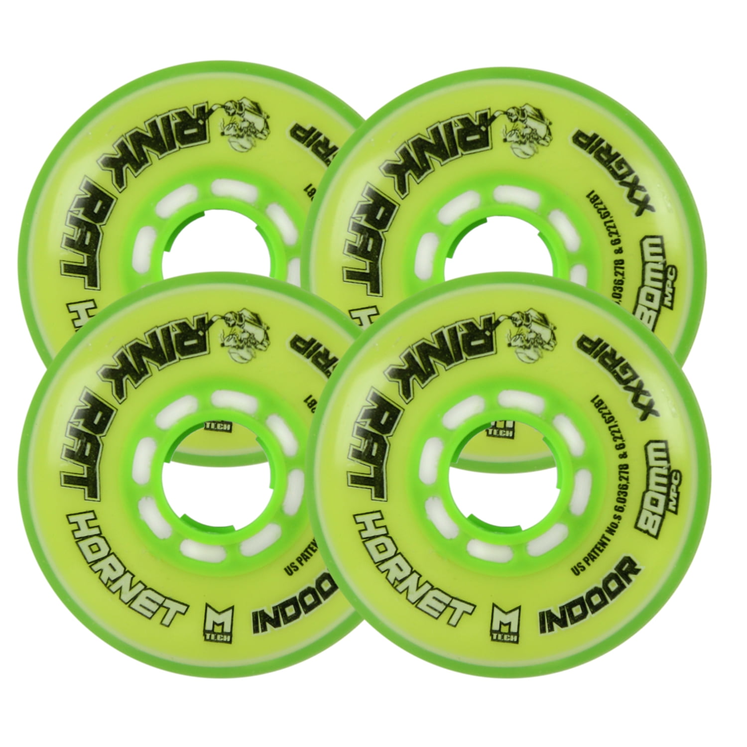 RINK RAT Wheels 80mm 78a HORNET XX 4-Pack Yellow/Green Inline Indoor Hockey