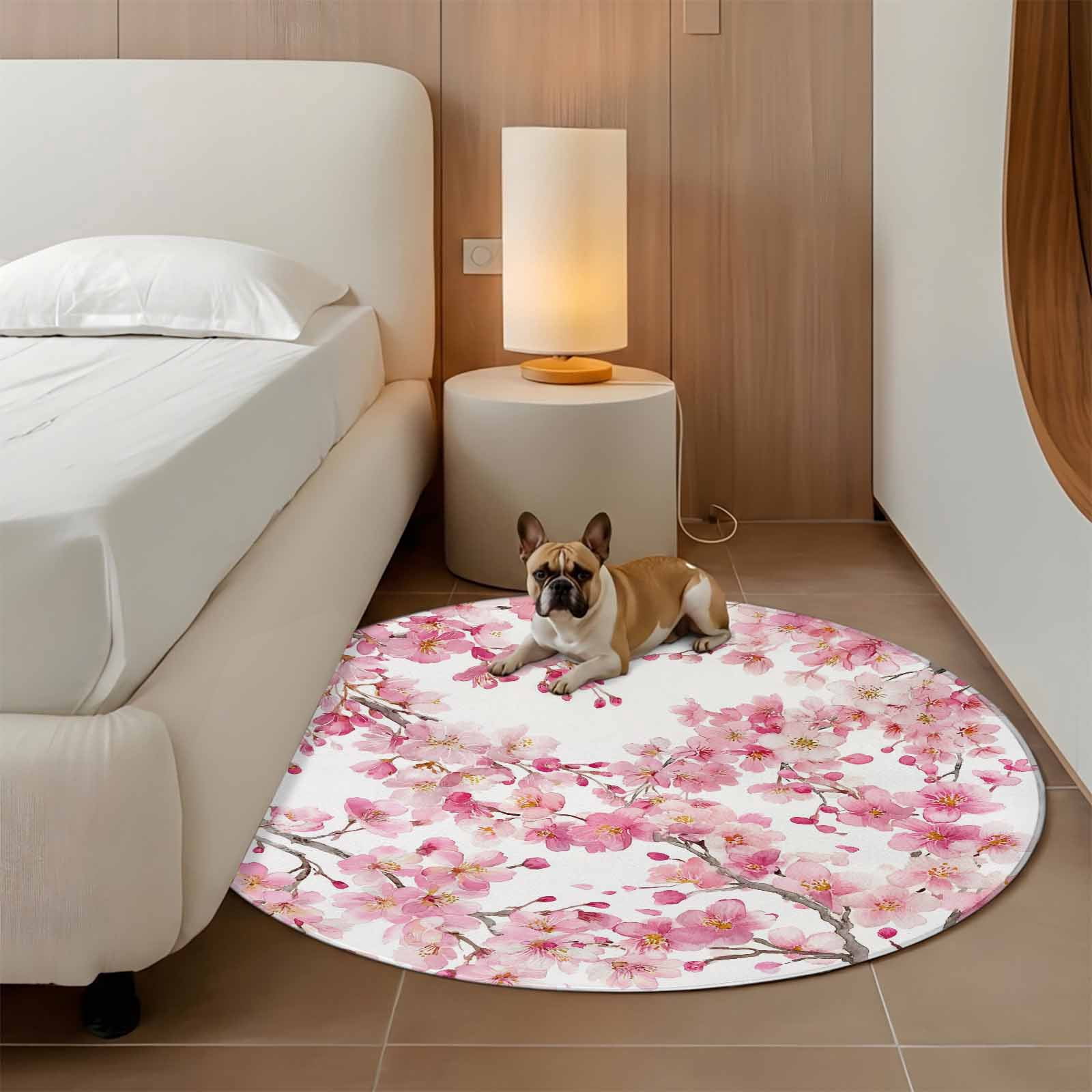 Spring Peach Flowers Round Area Rug 7Ft Washable Circle Rugs for Dorm Laundry Room, Pink Botanical Floral Leaves Branch Non-Slip Carpet Floor Mats Indoor Outdoor Carpet Runner Aesthetic Home Decor