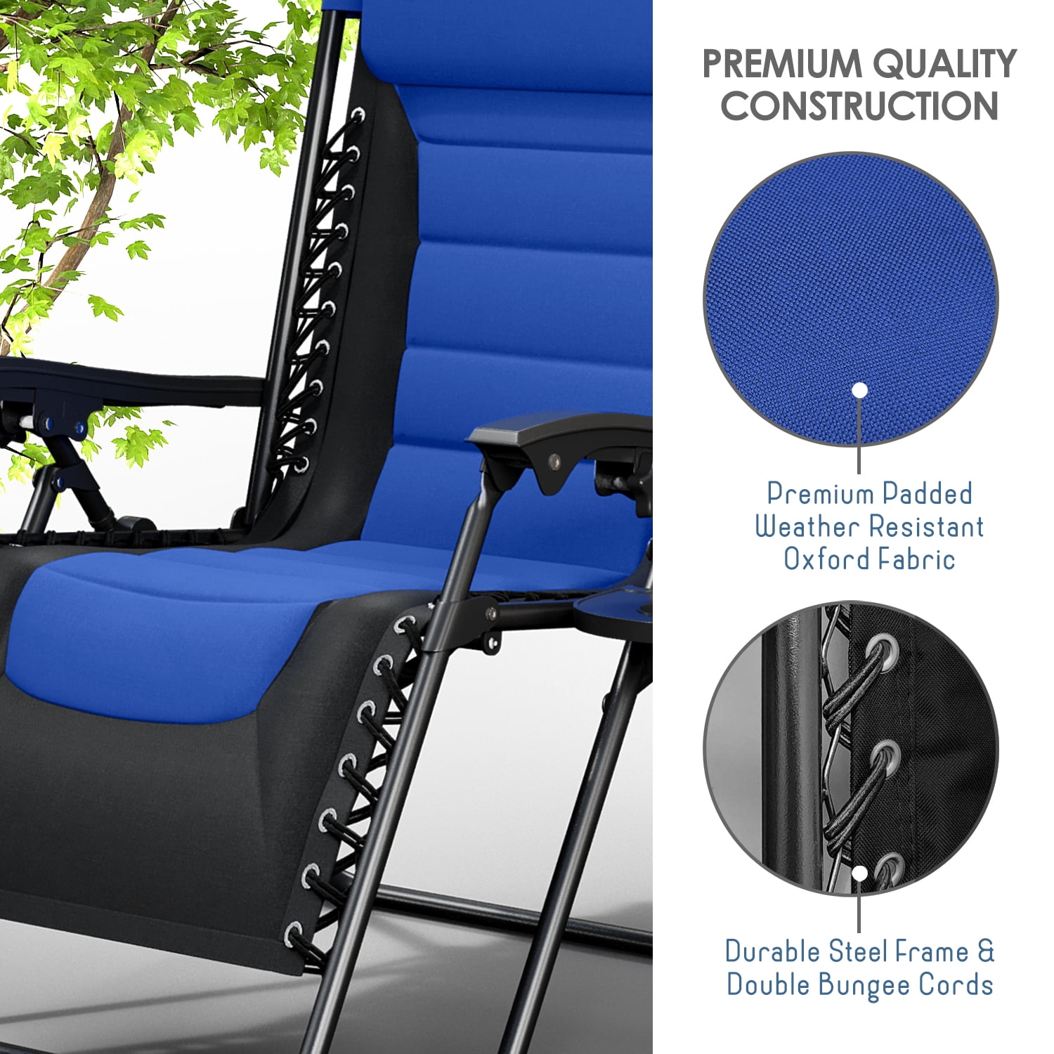 LammaLoe Padded Zero Gravity Chair Oversize, Lounge Chair Outdoor, with Adjustable Headrest and Side Tray, 330 lbs Capacity – Black/Blue