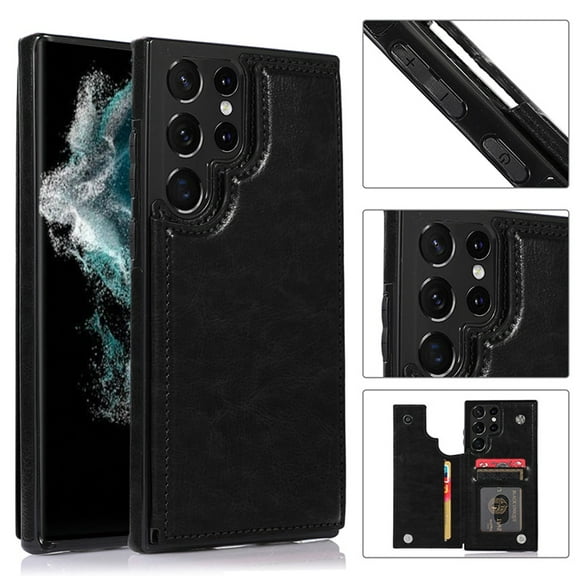For Samsung Galaxy S23 Ultra PU Leather with [Two Magnetic Clasp] [Card Slots] Stand Function Back Storage Wallet Flip Cover ,Xpm Phone Case [ Black ]