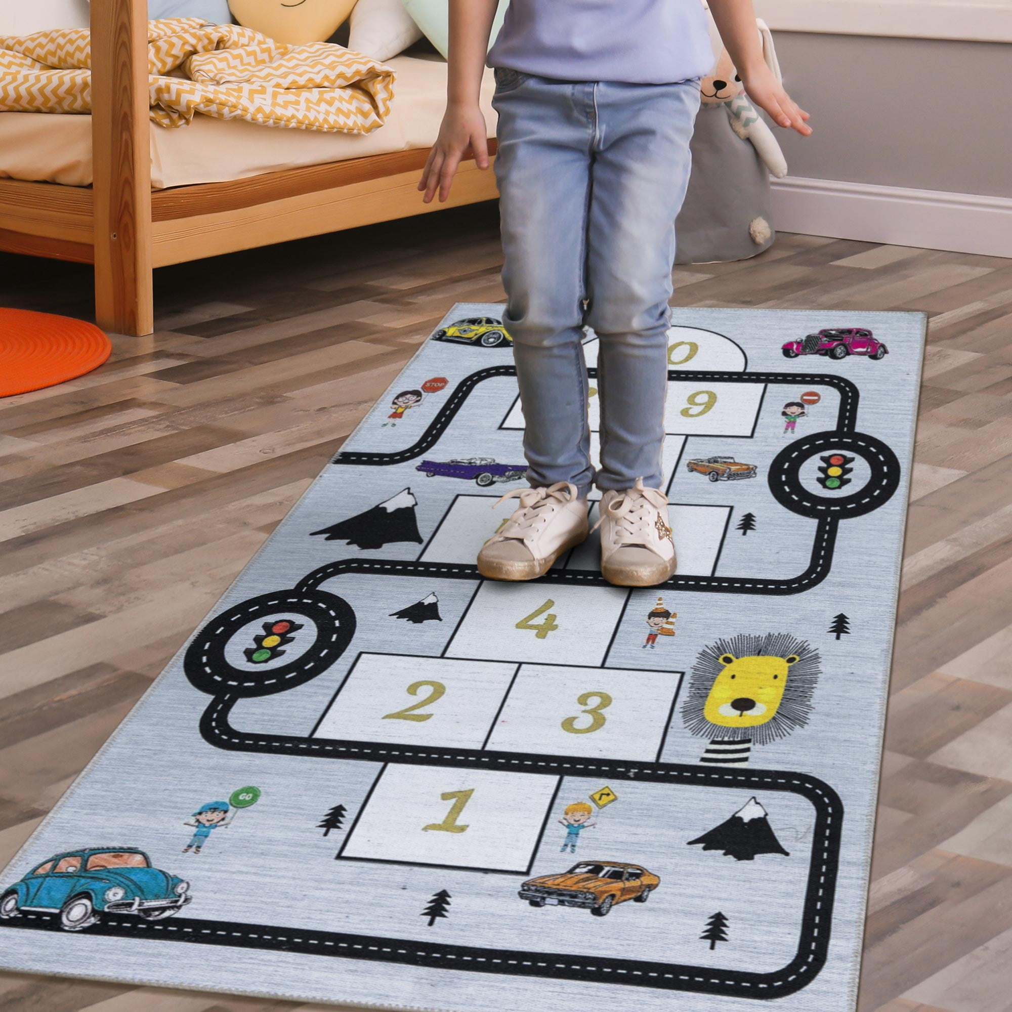 Ottomanson Machine Washable Flatweave Hopscotch 3x6 Kids Play Mat Runner Rug, 2'7" x 6', Gray/Yellow