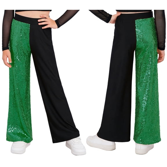 iiniim Girls Sequin Hip Hop Dance Sparkly Mid Rise Color Block Jazz Pants Disco Theme Party Wear Green 10