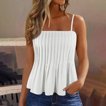 Qhnvtd Womens Tunic Sweater 4th Of July Tops Crop Top Sweaters For Women 2024 Women s Casual Summer Sleeveless Round-Neck Camisoles Fashion Blouse Tank Tops Cami White