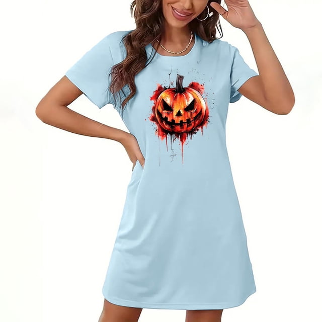 Pyjamas d'Halloween pour Femmes, Grande Taille, Robe de Nuit Courte avec Imprimé Poitrine et Col Rond, Tissu Polyester Doux pour un Sommeil Confortable Ou Tenue Décontractée