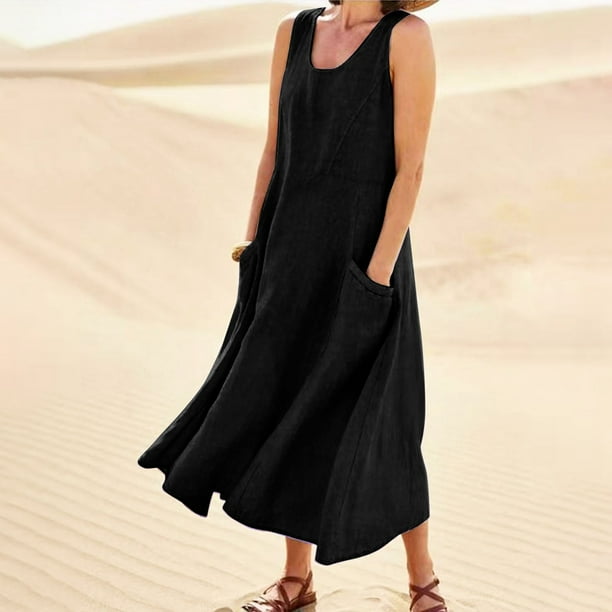 Susanny Fit and Flare Dress for Women Floral Flowy Maxi Dresses Petite  Sleeveless Tank Long Dresses Casual Cotton Linen Boho Womens Sun Dress with  Pockets Black XL - Walmart Business Supplies