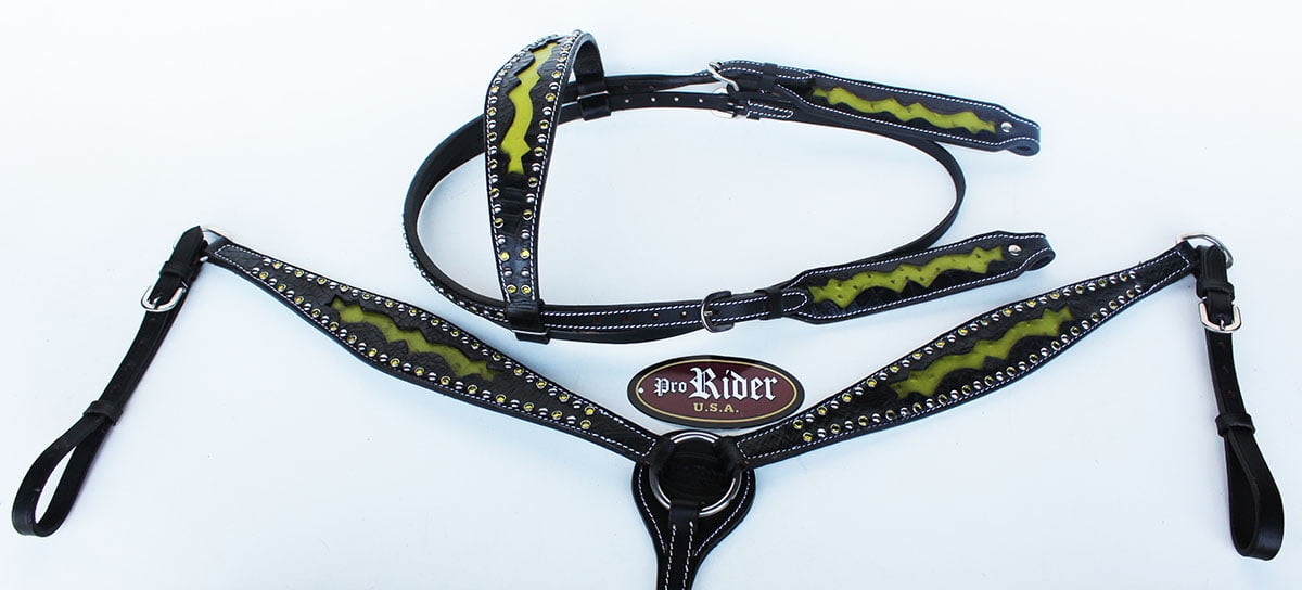 Show Tack Horse Bridle Western Leather Headstall Breast Collar Green
