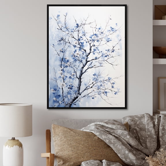 Designart "Winter Blooms of Tree in Blue and White II" Landscapes Framed Wall Art - Country White Tree Entryway Framed Wall Art Print