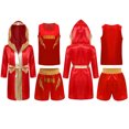 thumbnail image 2 of Kids 3Pcs Boxing Kickboxing Outfits Boys Boxer Training Uniform Hooded Robe with Sports Vest Shorts Set Red 14, 2 of 9