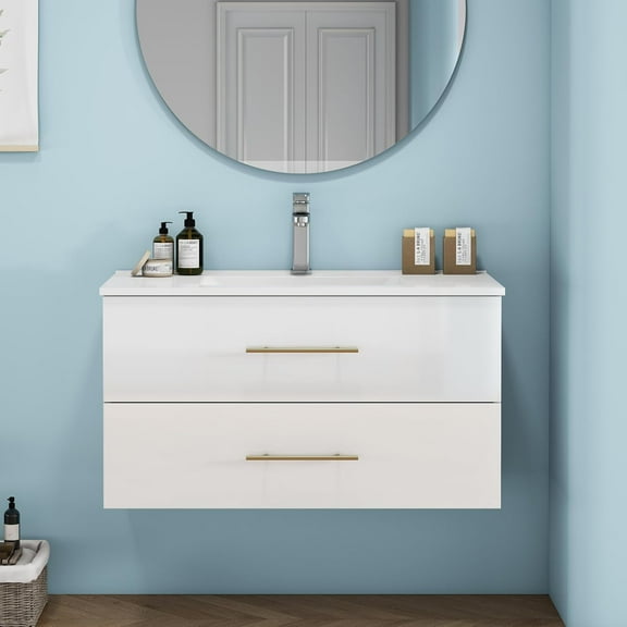 Censi 36-Inch White Gloss Wall-Mounted Bathroom Vanity with Sink Combo, Double Drawers, Ceramic Sink, Long Gold Metal Handle, Glossy White