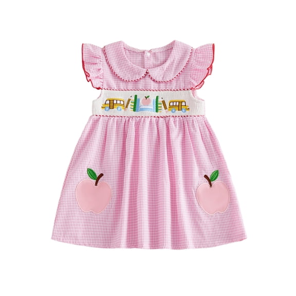 BemeyourBBs Toddler Baby Girl Back To School Dress Kindergarten Outfits Baby Girls First Day of School Outfit Summer Plaid Dress Apple Book Embroidered Flutter Sleeve Doll Collar Smocked Dress