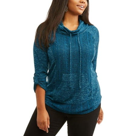 Juniors' Plus Lace Overlay Cowl Neck Pullover