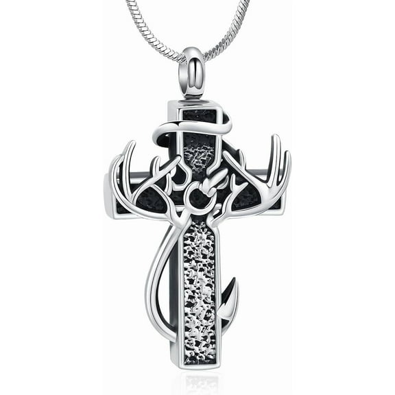 Cross Urn Necklace for Ashes Fish Hook Cremation Jewelry Deer Antler Memorial Pendant Keepsake Gifts for Men Women Ash Holder
