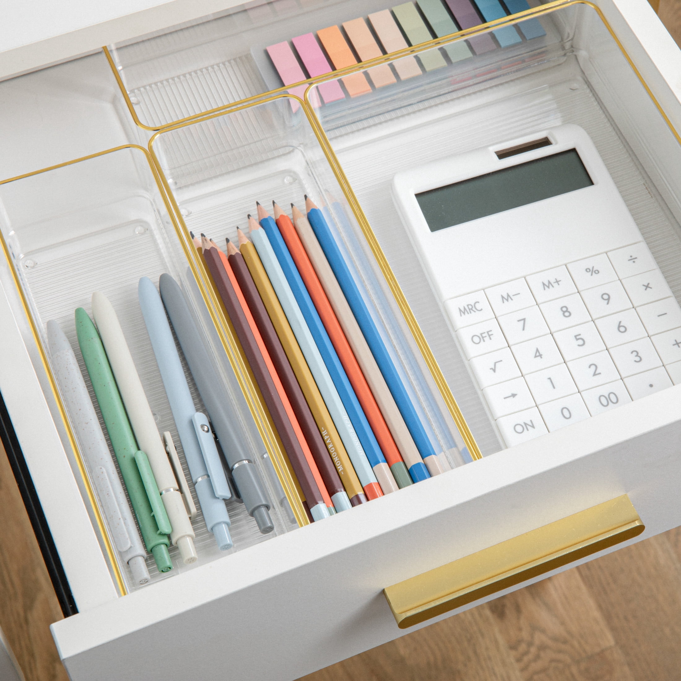 Martha Stewart Kerry Plastic Stackable Office Desk Drawer Organizers with Gold Trim, Various Sizes, Set of 5