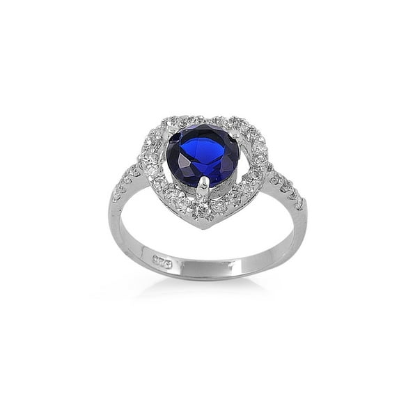 Heart Halo Round Simulated Sapphire Cubic Zirconia Ring Sterling Silver 925