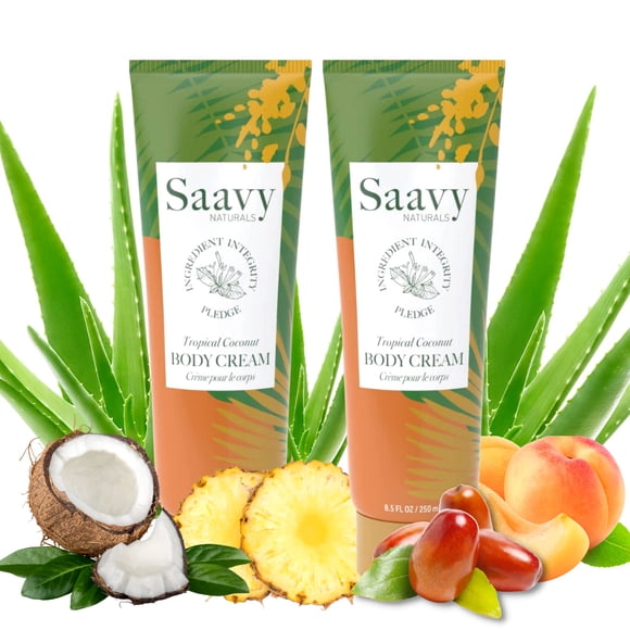Crema corporal Saavy Naturals Ingredientes a base de plantas de coco tropical | Fabricado en Estados Unidos | Loción corporal hidratante corporal espesa y cremosa con fórmula vegana de manteca de kari