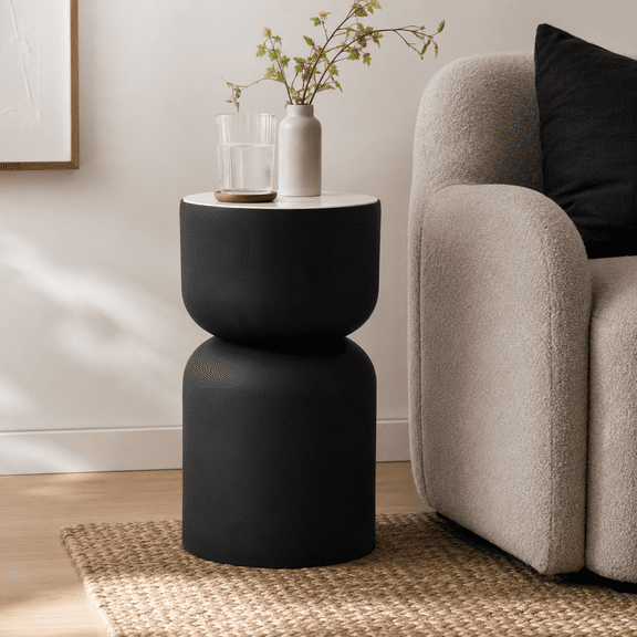 Modern Side Table with White Marble Top & Black Metal Frame