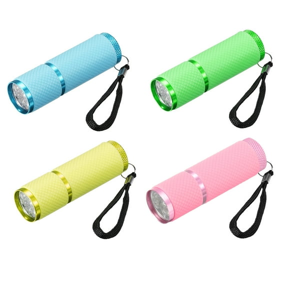 Uxcell 9 LED Glow in Dark Flashlight, 4 Pcs Mini Flashlight Rubber Coated Flashlight with Strap (Pink Green Yellow Blue)