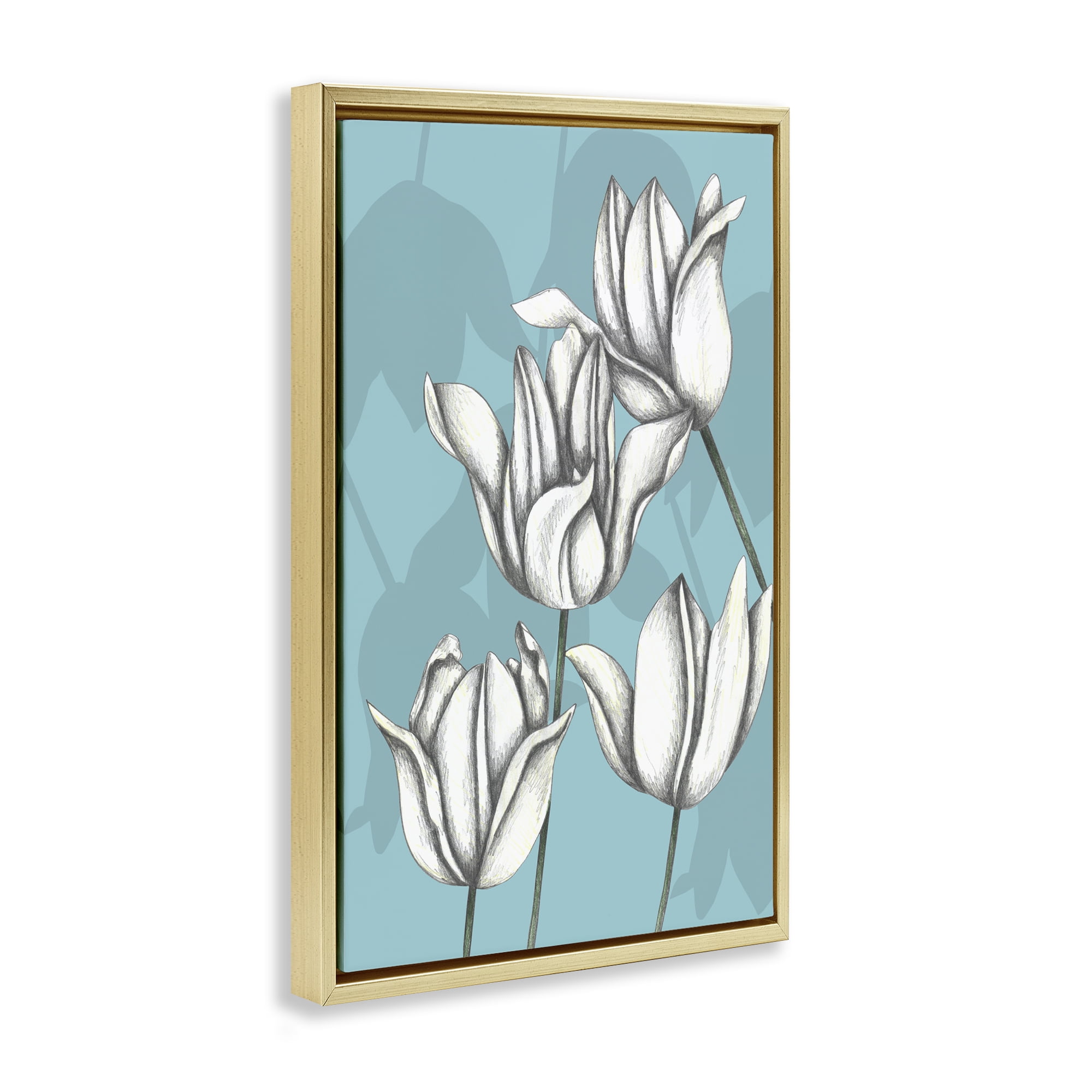 Sketched Tulips Keep Growing Gold Framed Floater Canvas Wall Art, design by Cecilia Battaini
