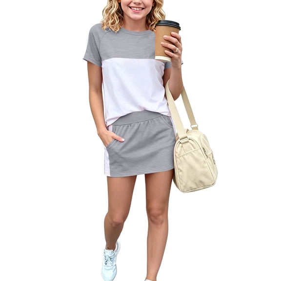 Mifsaly Girls 2 Piece Summer Outfits Color Block Short Sleeve T-Shirt and Casual Skort Skirts with Pockets Kids Lounge Athletic Clothes