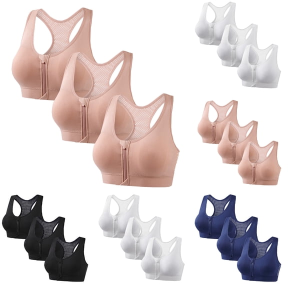 Mgmyaa Women's Wireless Sport Bra Push-Up Without Underwire Front Zip Racerback Active Fit Soft Solid Color Back Gathered Sports Bra 3-Pack for Workout
