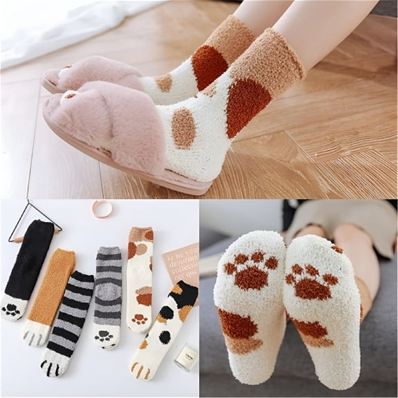 TELOLY 2/6 Pairs Cute Cat Claw Socks Plush Cozy Slipper Socks Fuzzy Fluffy Winter Indoor Sleeping Socks Floor Socks Kitty Cat Paw Thickening Warm Socks for Women Girls