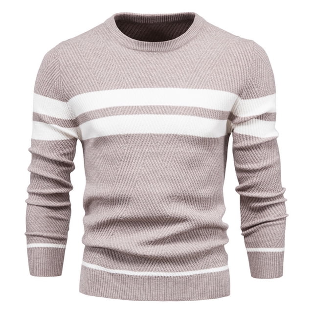 MIASHUI Chandail Décontracté à Rayures pour Hommes, Col Rond, Manches Longues, Ajustement Confortable, Fil Doux Beige,G