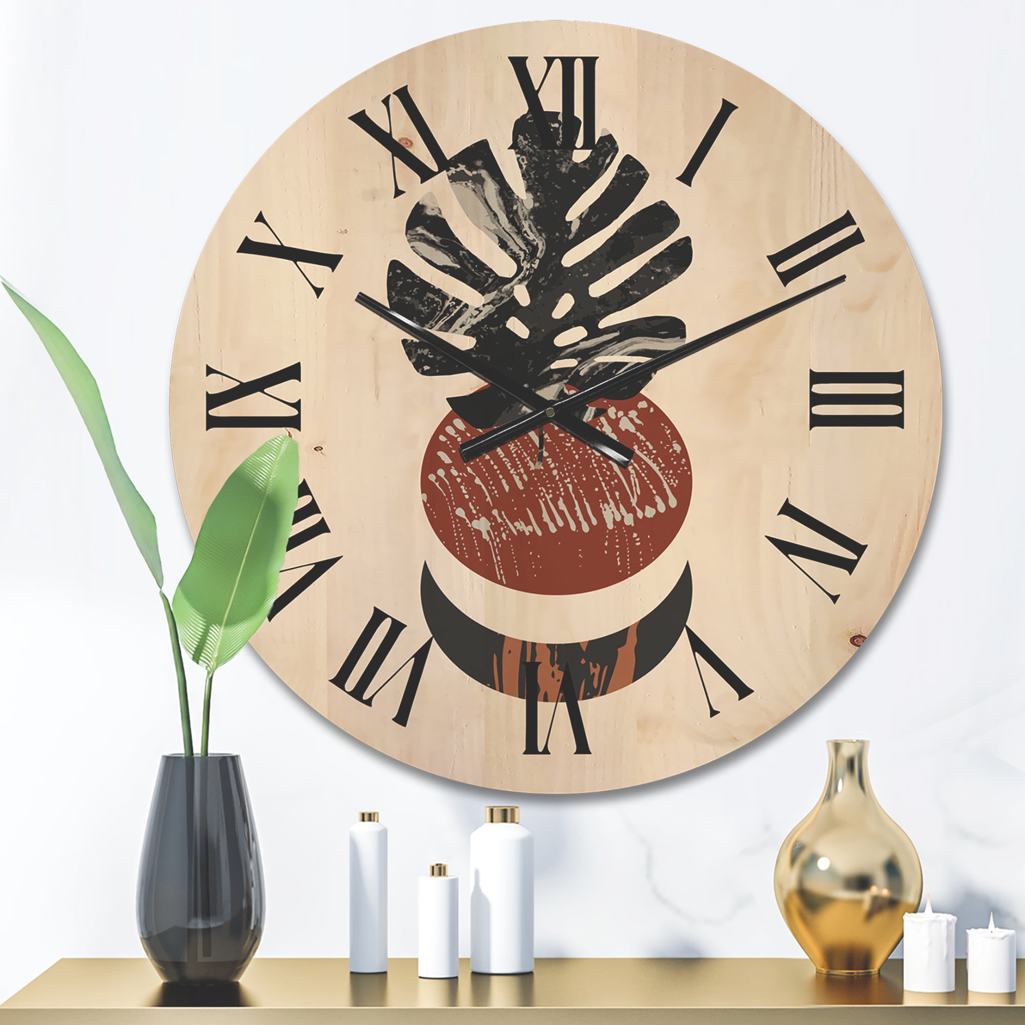 Designart 'Abstact Tropical Palm Leaf, Minimal Sun And Moon II' Modern Wood Wall Clock