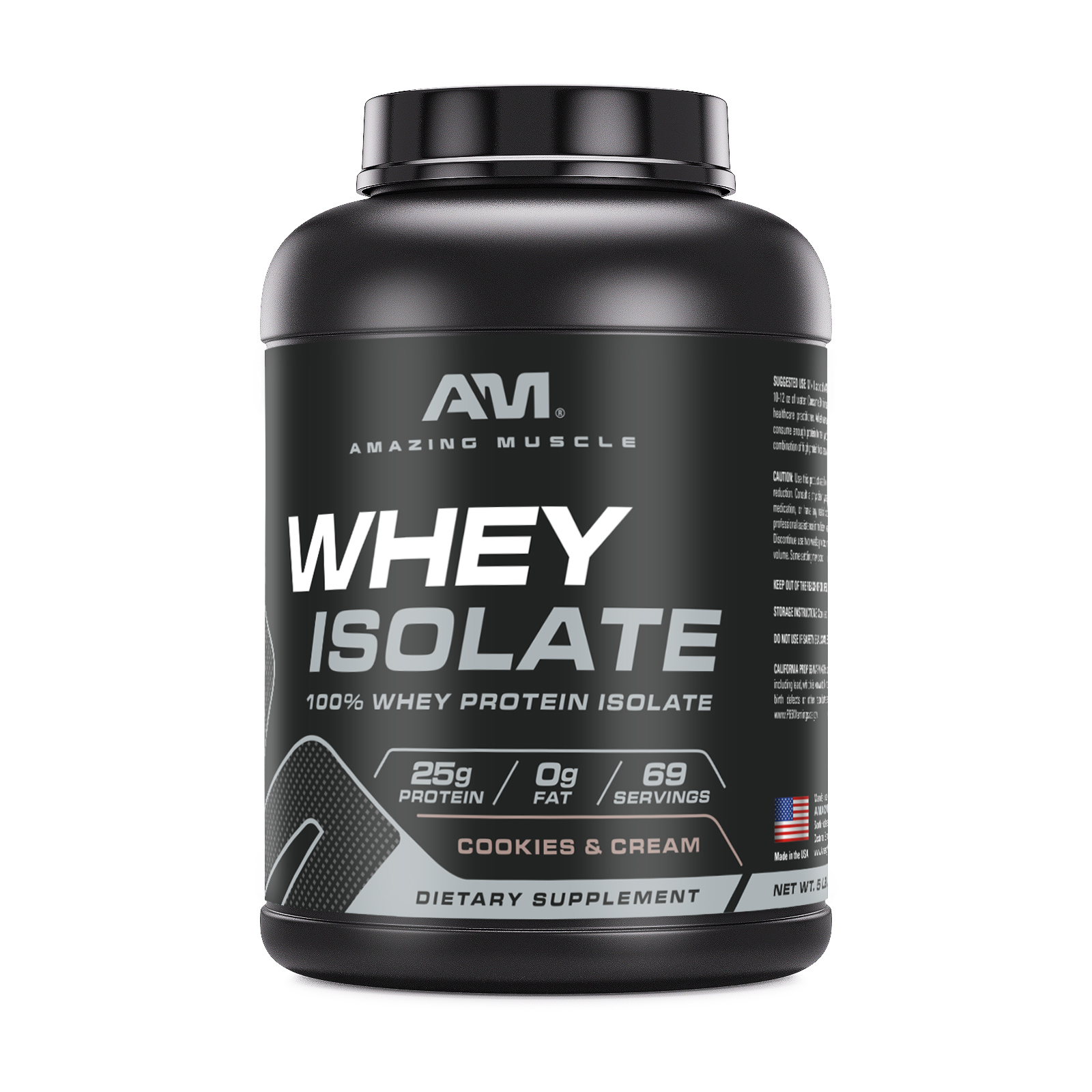 Amazing Muscle Whey Protein Isolate Powder 5Lbs Cookies & Cream Flavor | 25 Grams Protein Per Serving | 69 Servings Supplement | 100% Whey Isolate | Made in USA