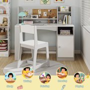 Reasea Kids Study Desk and Chair Set with Tiltable Desktop, Hutch & Storage - Wooden Writing Table for Ages 5-12, Grey