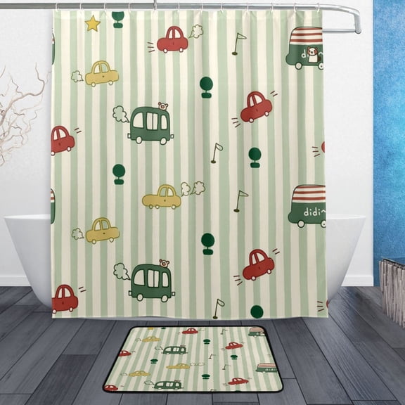 TTYFWHD 60" x 72" Shower Curtain and Bath Mat Set Green Stripes Waterproof Bathroom Curtain with 12 Hooks, Bathroom Decor Set