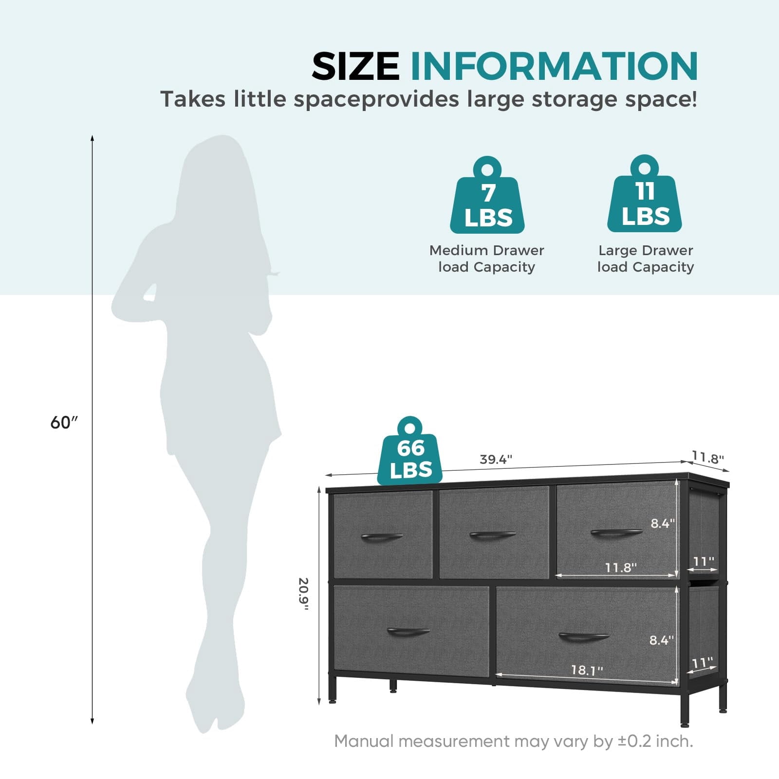 Telyra 5-Drawer Fabric Dresser TV Stand Organizer with Wood Top and Metal Frame, Gray