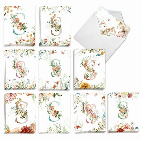 The Best Card Company 20 Assorted Blank Notes Bulk Box Set 4 x 5.12 Inch with Envelopes (10 Designs, 2 Each) Flowering Initial S AM10212OCB-B2x10