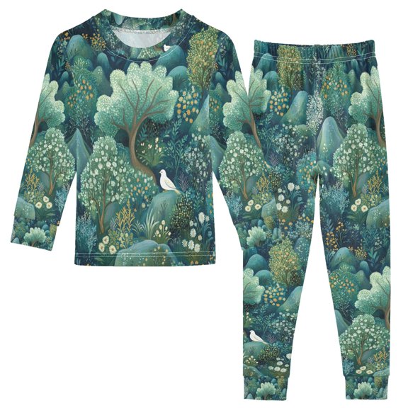 FORMRS Kids Pajama Set Cotton Long Sleeve Top and Pants 2-Piece Lounge Sleepwear, Sizes 18M-8Y, Green Forest Pattern