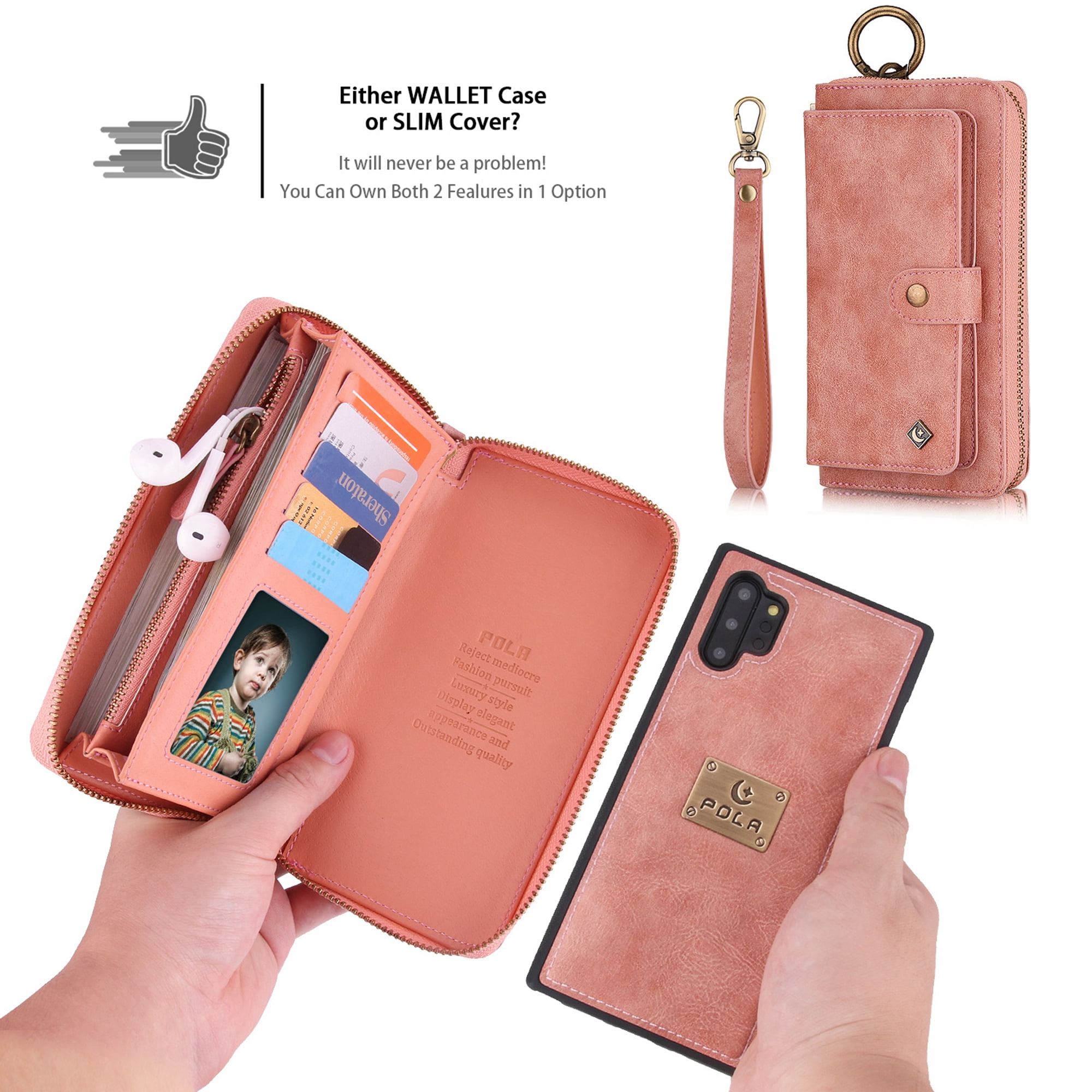 Samsung Galaxy Note 10 Plus Wallet Detachable Case, Dteck Zipper Purse Phone Case Multi-functional Folio Flip Leather Removable Magnetic Back Cover For Samsung Galaxy Note10+, Pink