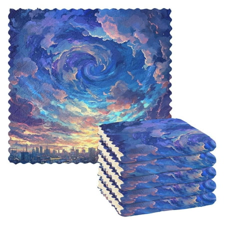 

6 Pieces Thickened Double Polyester Fleece Kitchen Towel - 28x28cm Strongly Absorb Water & Oil Stain Removal，Vortex in The Sky
