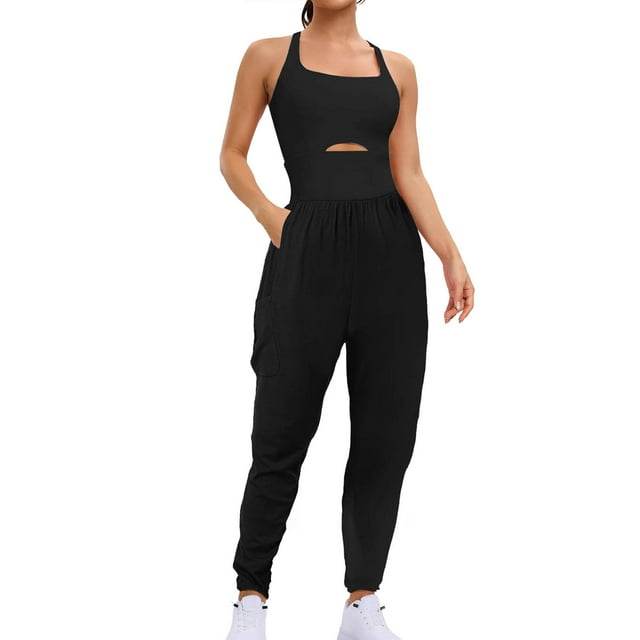 aidice Workout Romper for Women Square Neck Sleeveless Keyhole Fitting Ruched Athletic Pants Jumpsuits