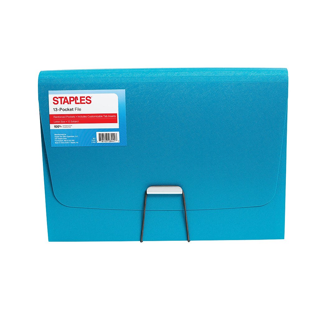 Staples Plastic 13 Pocket Reinforced Expanding Folder Letter Size Teal