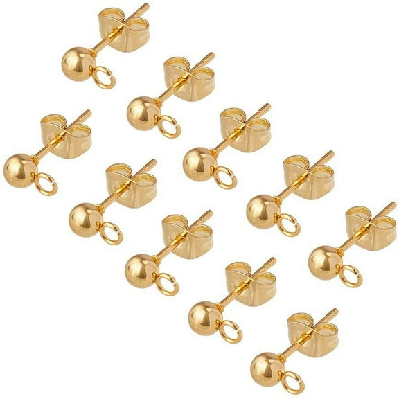 100pcs 24K Gold Plated Ball Post Earrings with Loop Stainless Steel Earring Studs with Ear Nuts Hypoallergenic Earring Findings
