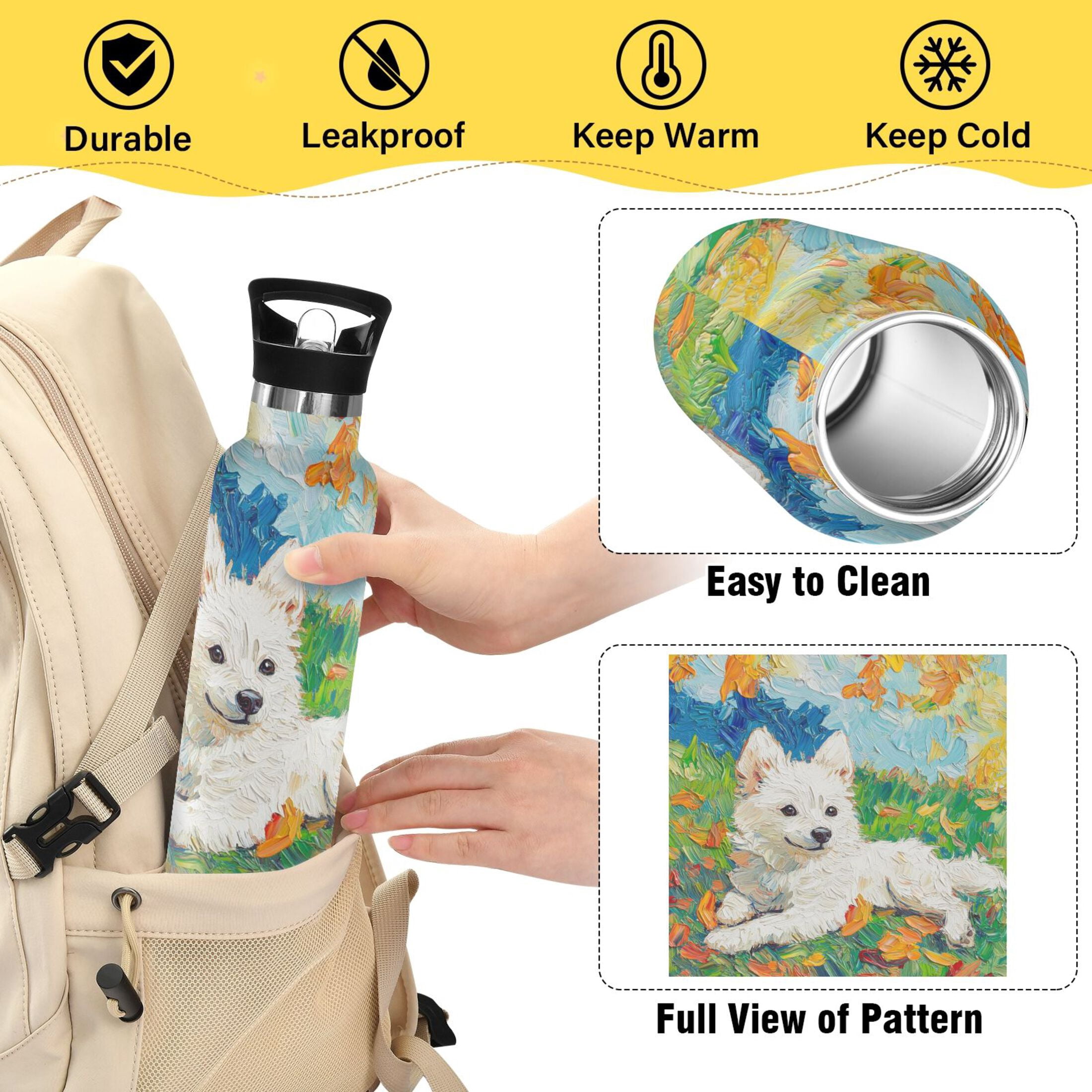 600ML Stainless Steel Insulated Cup Sports Water Bottle Portable Thermos Cup Water Glasses Insulated Tumblers Convenient and Durable Oil Painting Dog