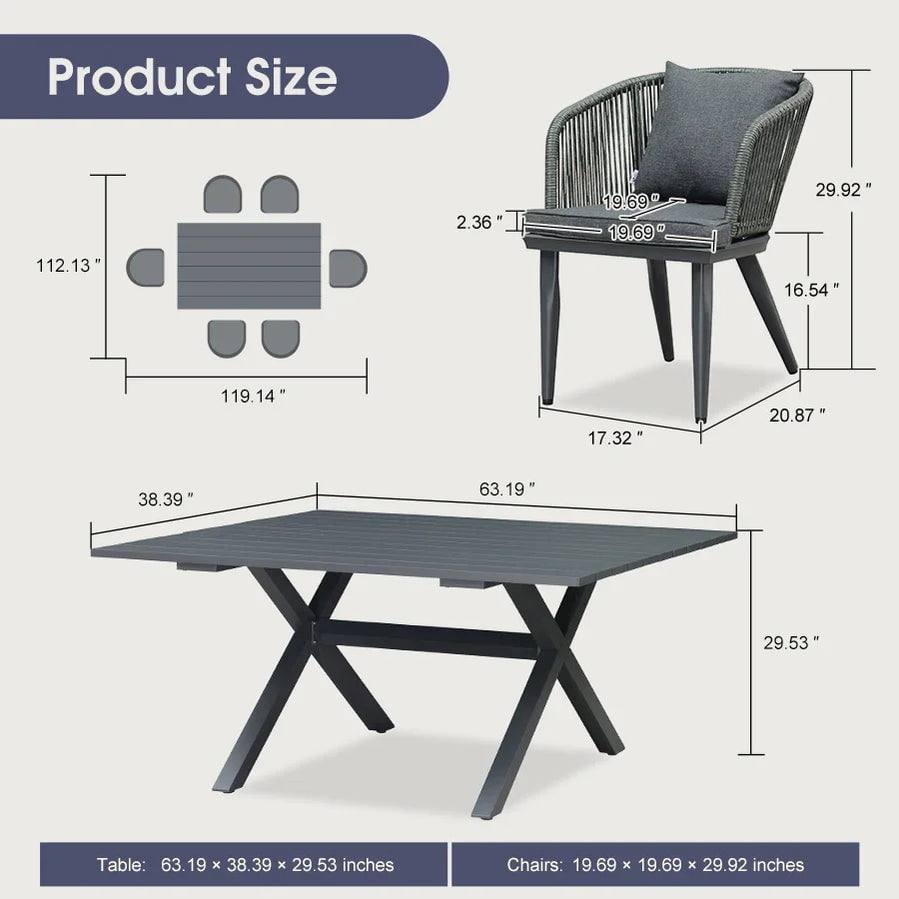 PURPLE LEAF 7 Pieces Patio Dining Set, Rectangular Aluminum Outdoor Table and 6 Wicker Chairs with Cushions for Garden Kitchen and Porch, Grey