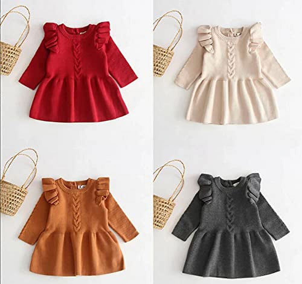 Styles I Love Baby Toddler Girls Knit Sweater Ruffle Long Sleeve Cotton Dress Little Princess Solid Dressy Outfit (Grey, 2T)