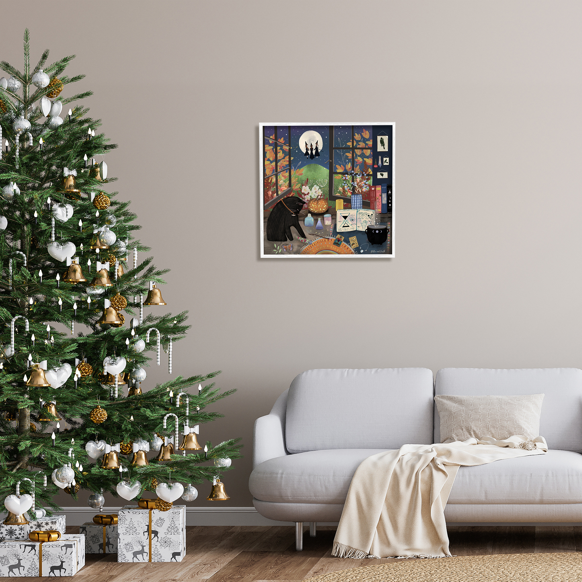 Stupell Industries Halloween Witches Autumn Moon Holiday Painting White Framed Art Print Wall Art