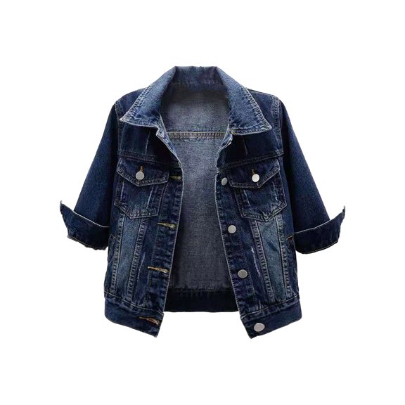 Doomiva Womens 3/4 Sleeve Short Denim Jacket Lapel Button Down Cropped Trucker Jean Jackets Coats Dark Blue 3XL