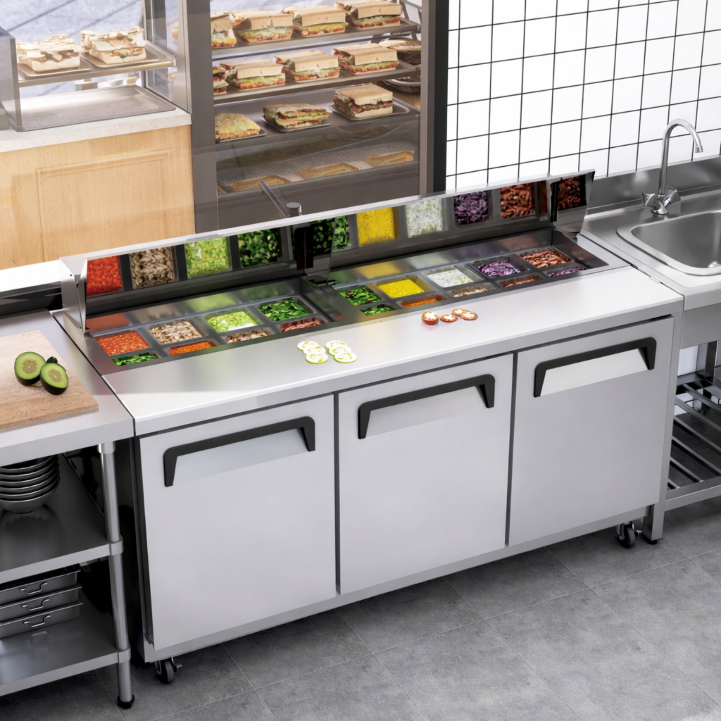 72 in. Commercial Sandwich Prep Table Refrigerator, 18 Cu.Ft., 20 x 1/6 Pan Capacity, Dual Lids, 3-Door, Stainless Steel, NSF Certified