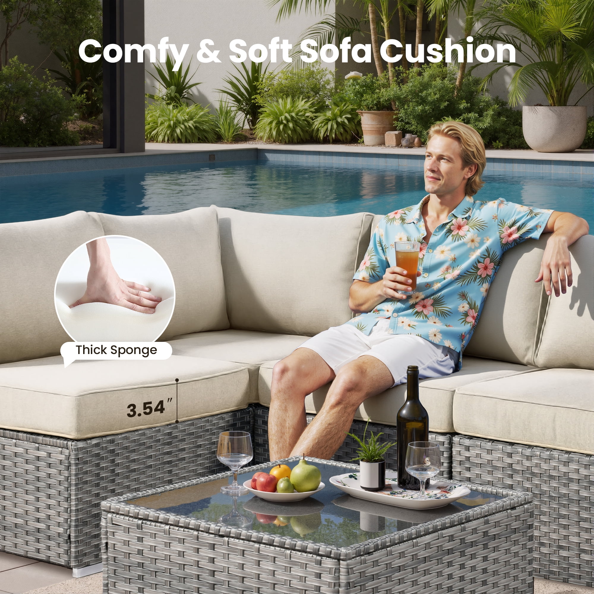 XIZZI 7-Piece Outdoor Sectional Furniture Sets, Wicker Patio Conversation Set with Cushions and Coffee Table, All-Weather Patio sets for Backyard, Garden,Beige