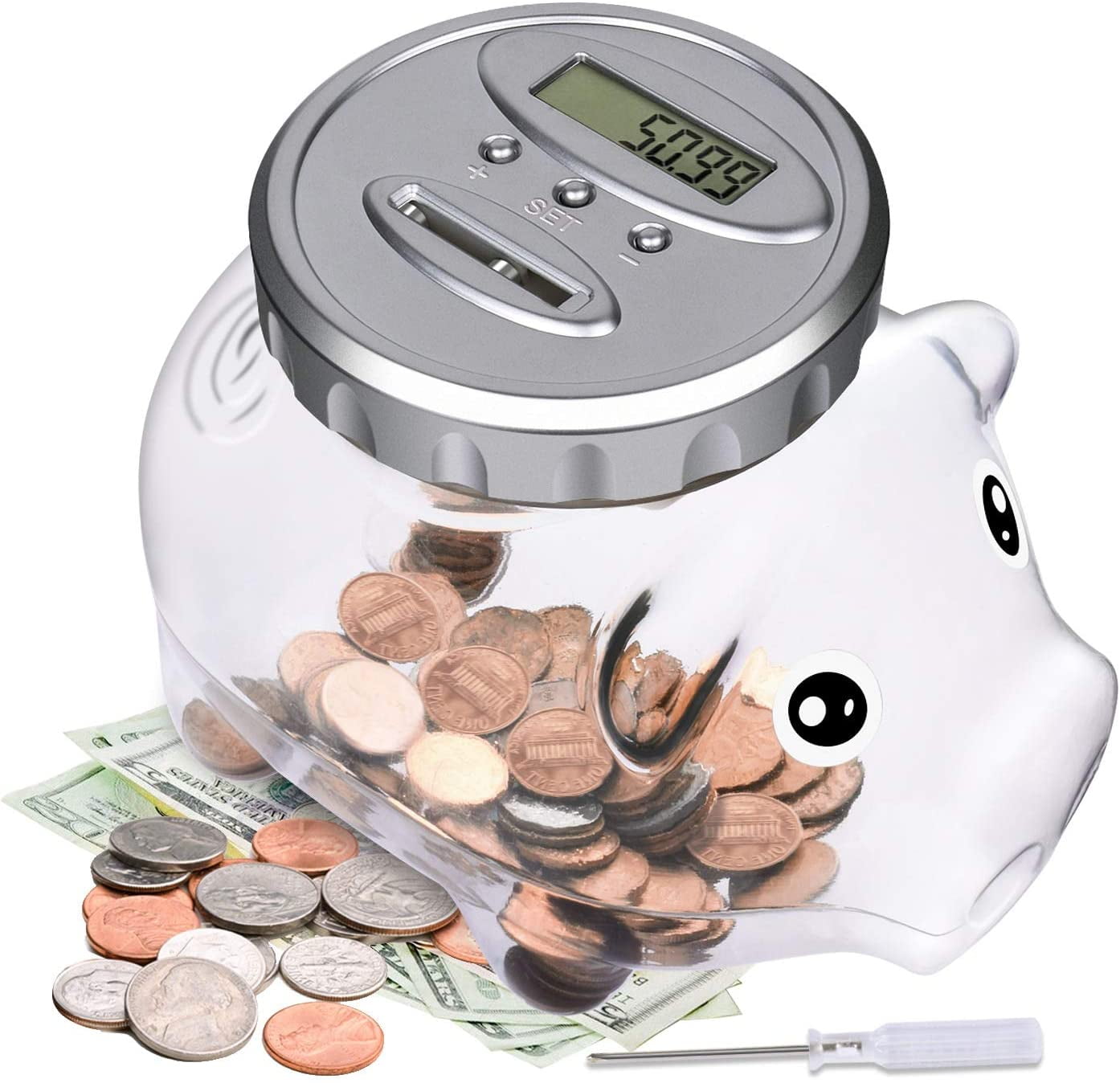 2.5L Coin Piggy Bank Counter LCD Counting Coin Money Bank Toys Gifts for Kids Children Silver Digital Coin Bank 