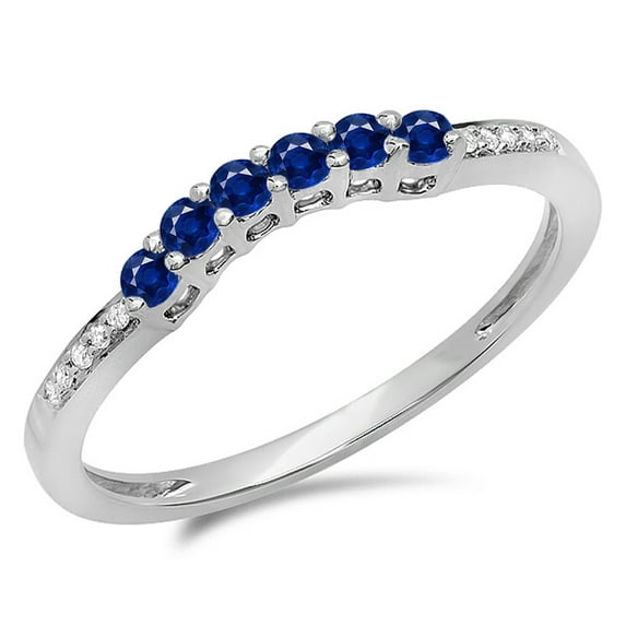 Dazzlingrock Collection 14K Round Blue Sapphire & White Diamond Wedding Stackable Band Guard Ring, White Gold, Size 6